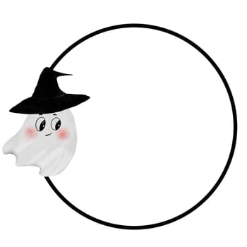 Cute ghost watercolor frame. Hand drawn kawaii monster. Clip art of the face of a typical ghost isolated on a white background. Ideal for decorating invitations and cards for Halloween. High quality illustration