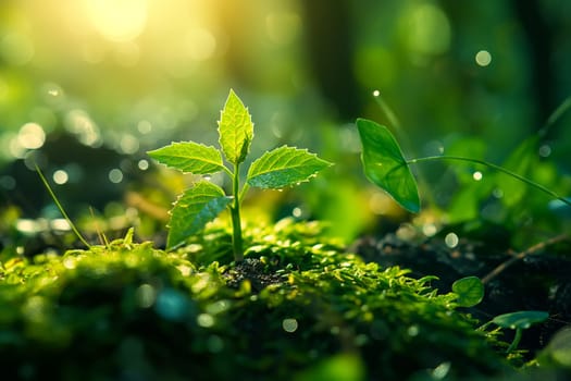 The seedling are growing from the rich soil to the morning sunlight that is shining, ecology concept.