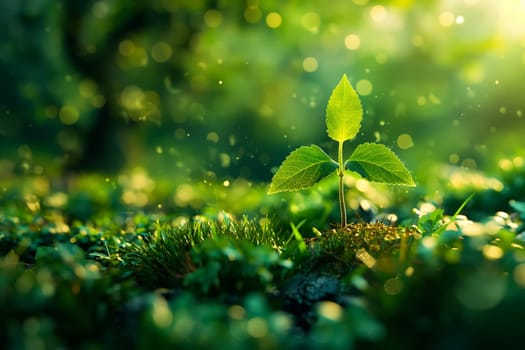 The seedling are growing from the rich soil to the morning sunlight that is shining, ecology concept.