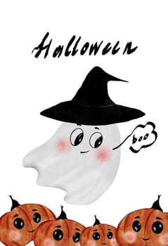Halloween card cute. Hand drawn kawaii ghost and cartoon pumpkins. Clip art of the face of a typical little monster isolated on a white background. Ideal for decorating invitations and cards for Halloween. High quality illustration