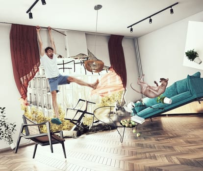 A man is hanging from a window and a cat is on the floor. The room is in disarray with furniture and objects scattered around. Photomanipulation.