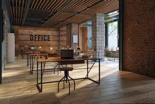A large open office space with wooden floors and brick walls, 3d render