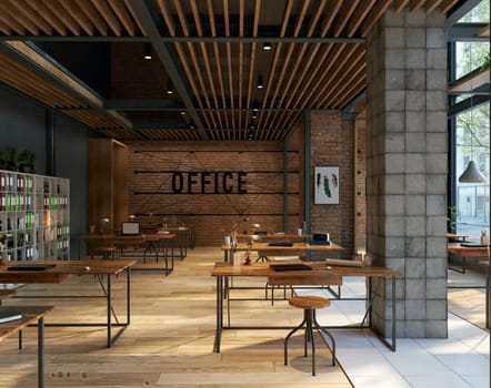 A large open office space with wooden floors and brick walls, 3d render