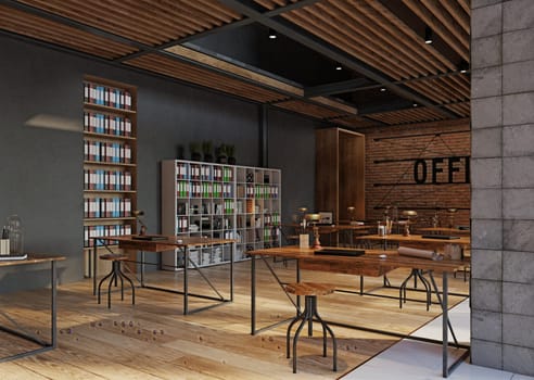 A large open office space with wooden floors and brick walls, 3d render