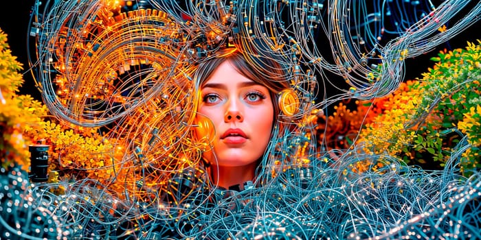 A cybernetic woman connected via a large number of cables to the World Wide Web. Cyberpunk. Generative AI