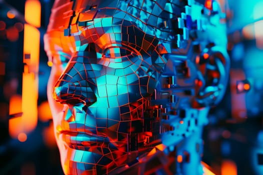Digital face, merging the realms of artificial intelligence and futuristic technology. The image showcases a cybernetic human form illuminated by vibrant neon colors, embodying the concept of digital consciousness and the integration of AI