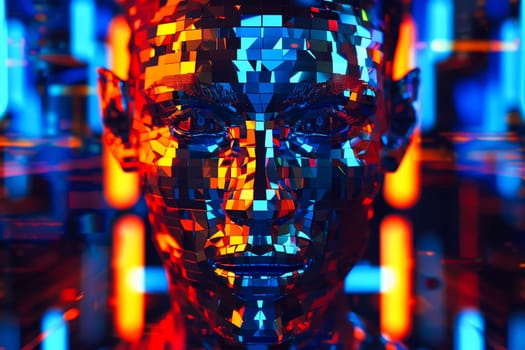 Digital face, merging the realms of artificial intelligence and futuristic technology. The image showcases a cybernetic human form illuminated by vibrant neon colors, embodying the concept of digital consciousness and the integration of AI