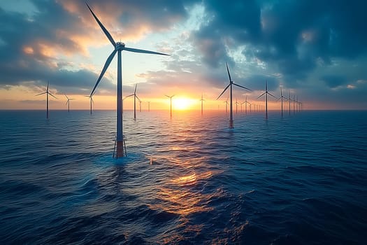 Landscape with Turbine Green Energy Electricity, Windmill for electric power production, Wind turbines generating electricity on ocean. Clean energy concept.