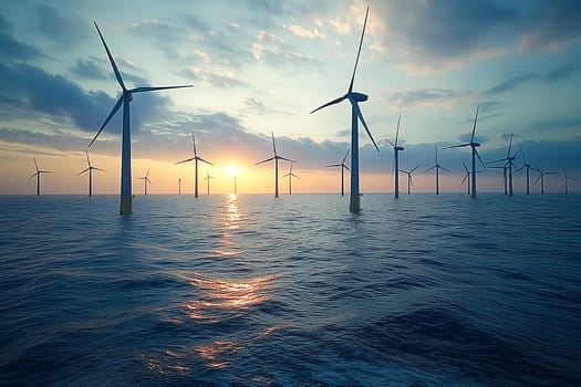 Landscape with Turbine Green Energy Electricity, Windmill for electric power production, Wind turbines generating electricity on ocean. Clean energy concept.
