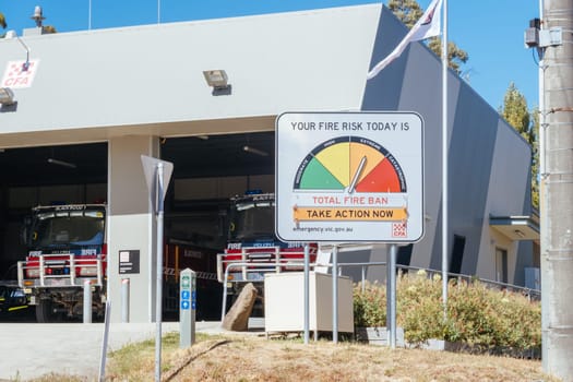 BLACKWOOD, AUSTRALIA - MARCH 09, 2024: Blackwood fire station and fire ban signage on a hot summer's day in Victoria, Australia
