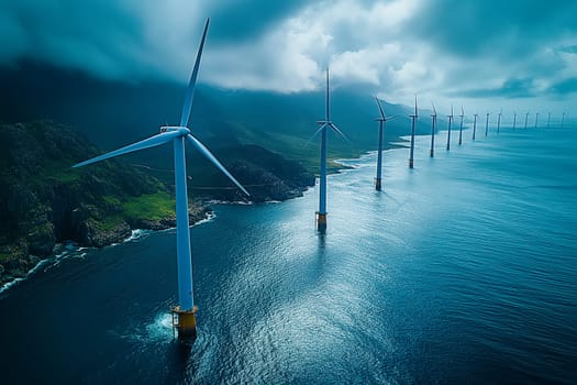 Landscape with Turbine Green Energy Electricity, Windmill for electric power production, Wind turbines generating electricity on ocean. Clean energy concept.