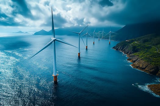 Landscape with Turbine Green Energy Electricity, Windmill for electric power production, Wind turbines generating electricity on ocean. Clean energy concept.