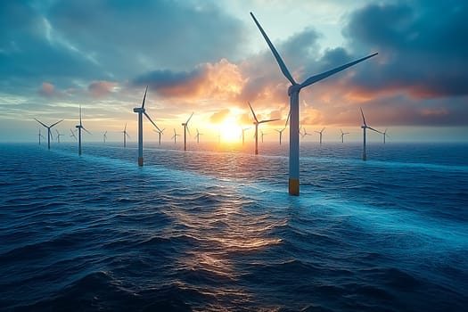 Landscape with Turbine Green Energy Electricity, Windmill for electric power production, Wind turbines generating electricity on ocean. Clean energy concept.
