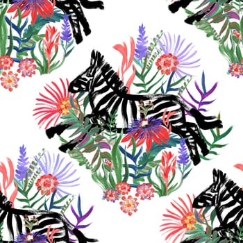 Seamless pattern with gouache painted zebra and tropical flowers for textile design and summer prints
