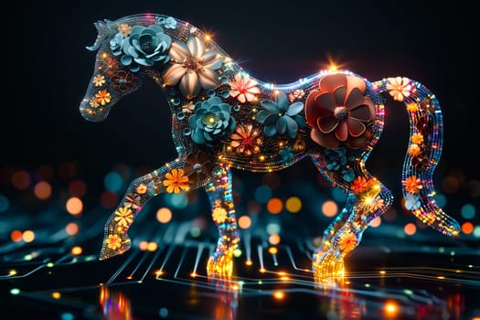 Futuristic horse adorned with glowing flowers, blending elements of technology and nature in a vibrant cyberpunk style. Concepts of innovative digital art, fantasy themes, and the fusion of the organic with the artificial.