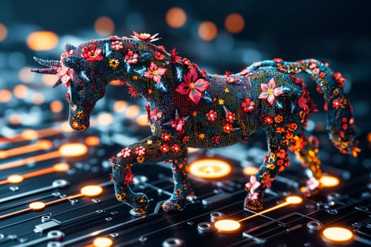 Futuristic unicorn adorned with glowing flowers, blending elements of technology and nature in a vibrant cyberpunk style. Concepts of innovative digital art, fantasy themes, and the fusion of the organic with the artificial.