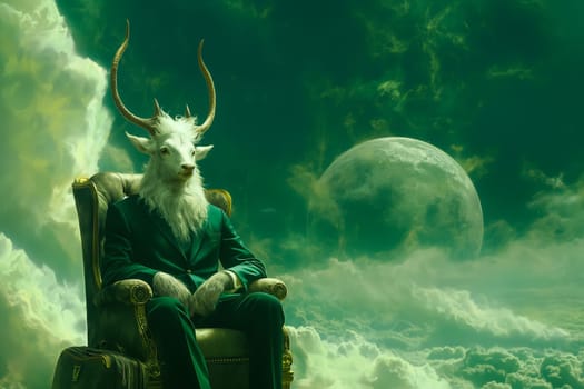 Anthropomorphic goat seated on an elegant chair against a backdrop of mystical clouds and a celestial moon. Concepts of fantasy and surrealism-themed projects.