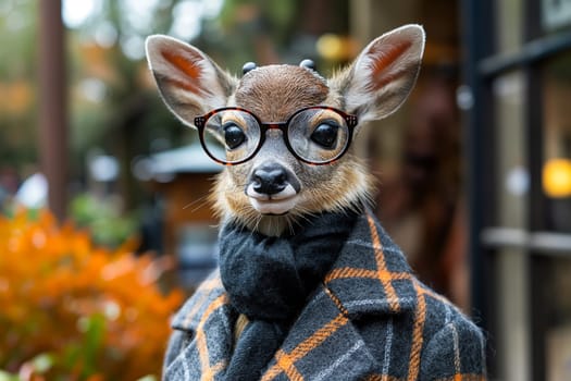 Young deer dressed in a plaid coat and glasses, standing against a vibrant autumn background.