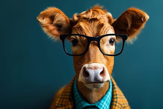 Bull in a plaid suit and wearing glasses. Concepts of fantasy, and humorous projects.