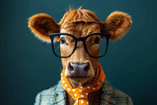 Bull in a plaid suit and wearing glasses. Concepts of fantasy, and humorous projects.