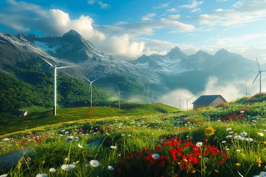 Green renewable energy concept with wind generator turbines, global finances and renewable green energy concept