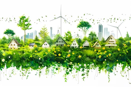 Sustainable living and the harmonious integration of nature within urban environments. Concepts related to green energy, renewable resources, and sustainable urban development.