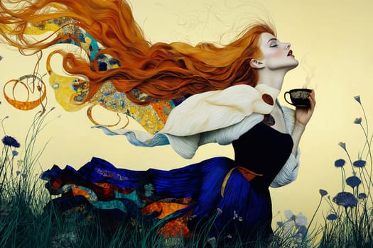 Stylish red hair woman with an aromatic coffee in hands.