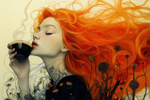 Stylish red hair woman with an aromatic coffee in hands.
