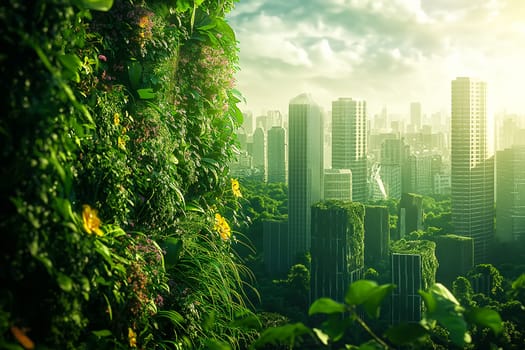 Sustainable living and the harmonious integration of nature within urban environments. Concepts related to green energy, renewable resources, and sustainable urban development.