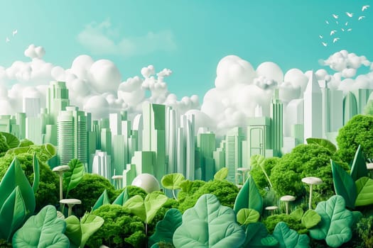 Sustainable living and the harmonious integration of nature within urban environments. Concepts related to green energy, renewable resources, and sustainable urban development.