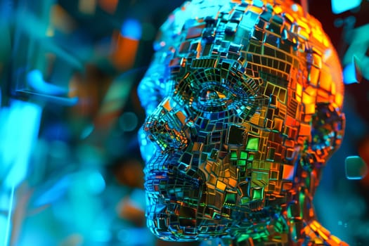 Digital face, merging the realms of artificial intelligence and futuristic technology. The image showcases a cybernetic human form illuminated by vibrant neon colors, embodying the concept of digital consciousness and the integration of AI