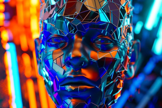 Digital face, merging the realms of artificial intelligence and futuristic technology. The image showcases a cybernetic human form illuminated by vibrant neon colors, embodying the concept of digital consciousness and the integration of AI
