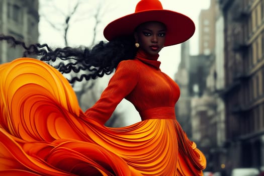 Fashion portrait of a confident woman in a flowing orange dress and wide-brim hat, striking a pose in an urban setting