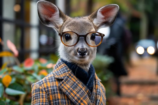 Young deer dressed in a plaid coat and glasses, standing against a vibrant autumn background.