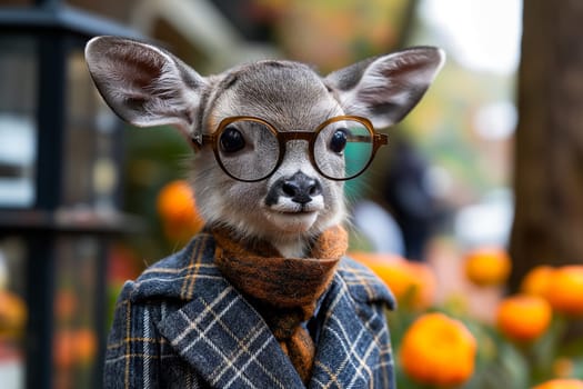 Young deer dressed in a plaid coat and glasses, standing against a vibrant autumn background.