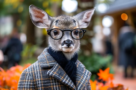 Young deer dressed in a plaid coat and glasses, standing against a vibrant autumn background.