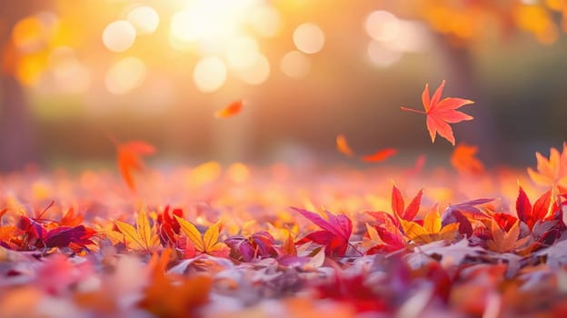 Vibrant autumn leaves fall gently to the ground, illuminated by the soft glow of the sun in a tranquil park.