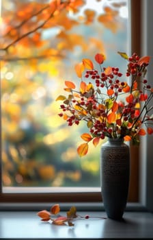 A vase filled with colorful autumn leaves and berries is placed on a table, with golden foliage glowing outside the window.