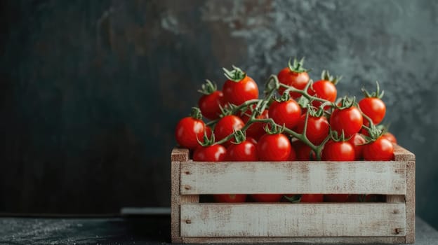 Fresh cherry tomatoes are stacked neatly in a vintage wooden crate on a dark tabletop.