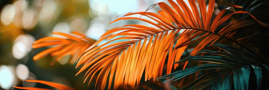 Sunlight filters through lush palm leaves, creating a striking contrast of orange and green in a tropical environment.