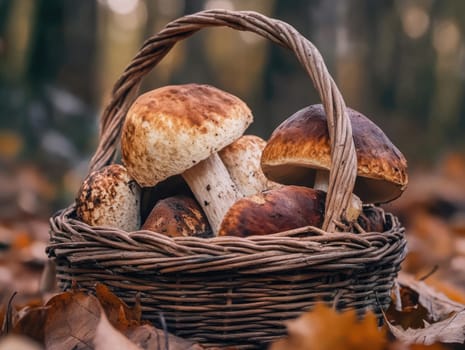 A wicker basket filled with various mushrooms sits among fallen leaves in a peaceful forest during autumn.