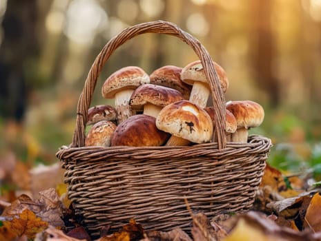 A wicker basket brimming with various mushrooms sits among fallen leaves in a tranquil forest during autumn.