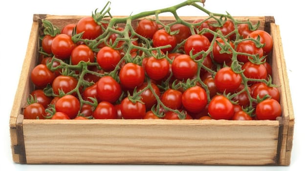 Ripe cherry tomatoes are arranged in a wooden crate, showcasing vibrant red color and green stems.