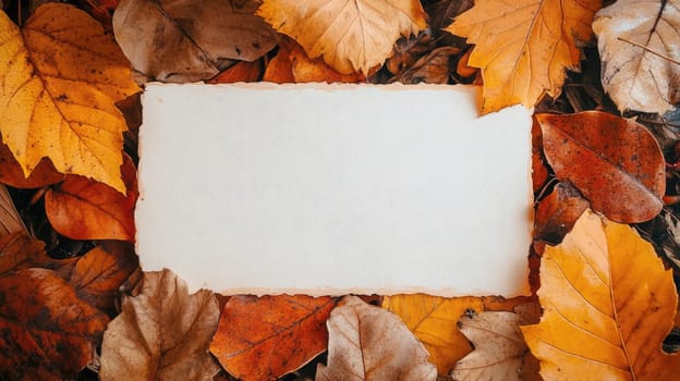 A blank piece of paper lies nestled among vibrant orange and yellow autumn leaves on the ground.