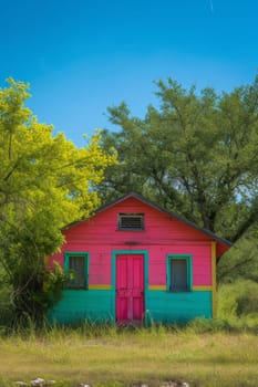 Picturesque pink and green cottage nestled among vibrant yellow wildflowers and lush greenery