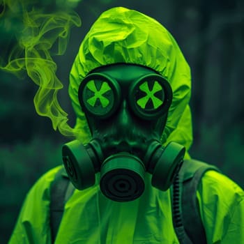 Person in a protective suit with a gas mask marked with Xs in a smoke-filled, eerie forest