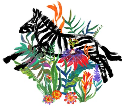 Illustration with gouache painted zebra and tropical flowers isolater on white