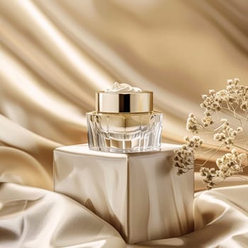 Face cream in a glass jar on a white and gold background. Skin care concept. Backdrop for beauty cosmetic products