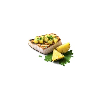 Grilled swordfish and pineapple salsa with a sprinkle of chopped cilantro and a slice of. close-up food, isolated on transparent background