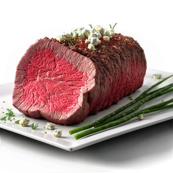 Beef tenderloin deep red and marbled with blue cheese crumbles and chives dancing in. Food isolated on transparent background.
